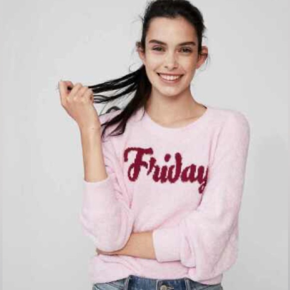EXPRESS Pink Friday Graphic Fuzzy Eyelash Sweater